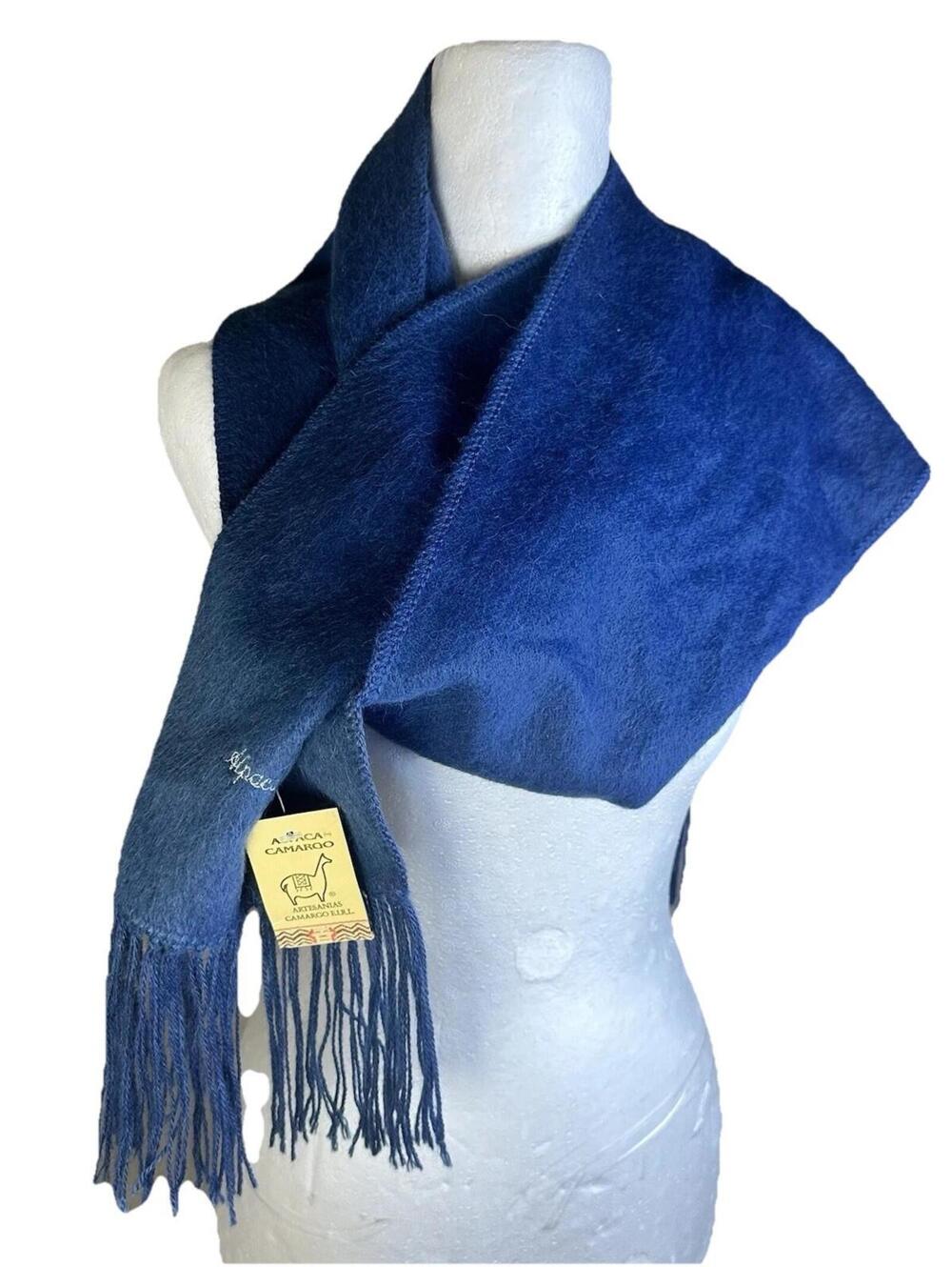Alpaca Camargo Woven 100% Alpaca Fringe Navy Blue  Scarf Made in Peru 77x9 NWT